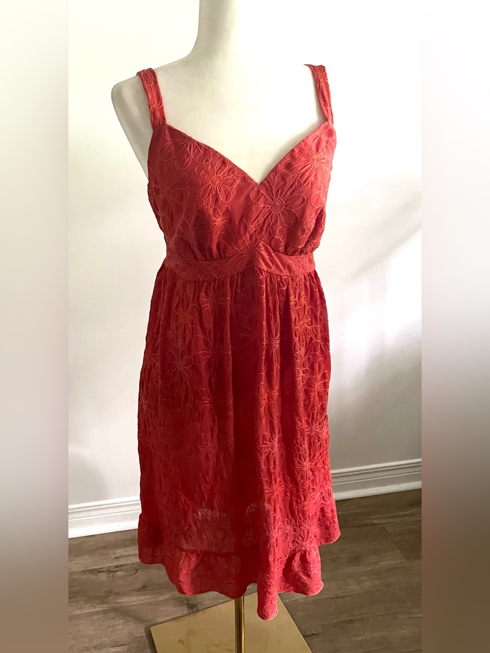 🇨🇦Burnt Orange Floral Embroidered Knee-Length Dress Ruffle Hem Romantic Festival - Picture 12 of 12